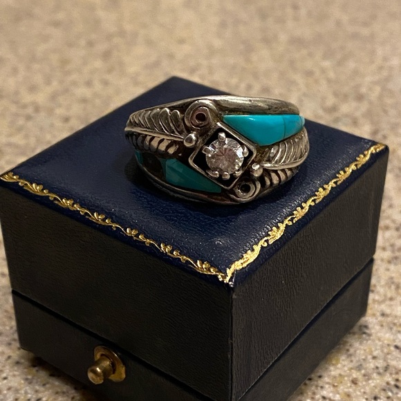 Jewelry - Antique Sterling Native American signed Turquoise inlay mens Ring Sz 14